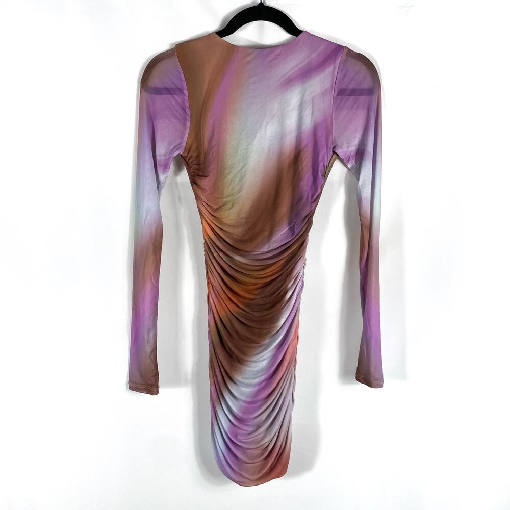 AFRM Maya Mesh Mini Dress Purple Motif Ruched Backless Long Sleeve Bodycon Sz XS - Picture 6 of 16